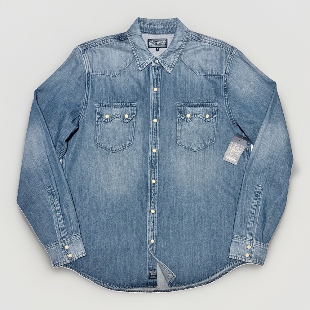 Lucky Brand Men Denim Western Shirt M Medium Pearl Snap Sawtooth Long Sleeve NWT